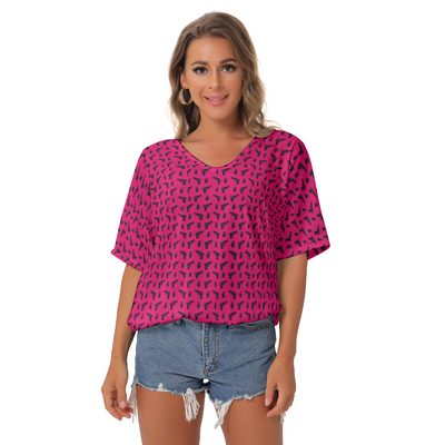 [[ Pistol Print ]] Black/Pink Women's Bat Sleeves V-Neck Blouse