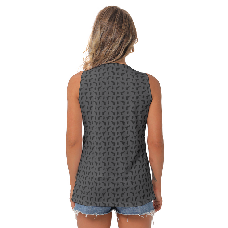 [[ Pistol Print ]] Black/Dark Grey Women's Sleeveless V-Neck