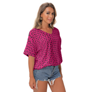 [[ Pistol Print ]] Black/Pink Women's Bat Sleeves V-Neck Blouse
