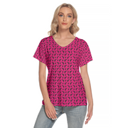 [[ Pistol Print ]] Black/Pink Women's Deep V-neck Short Sleeve Tee