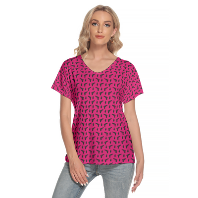 [[ Pistol Print ]] Black/Pink Women's Deep V-neck Short Sleeve Tee