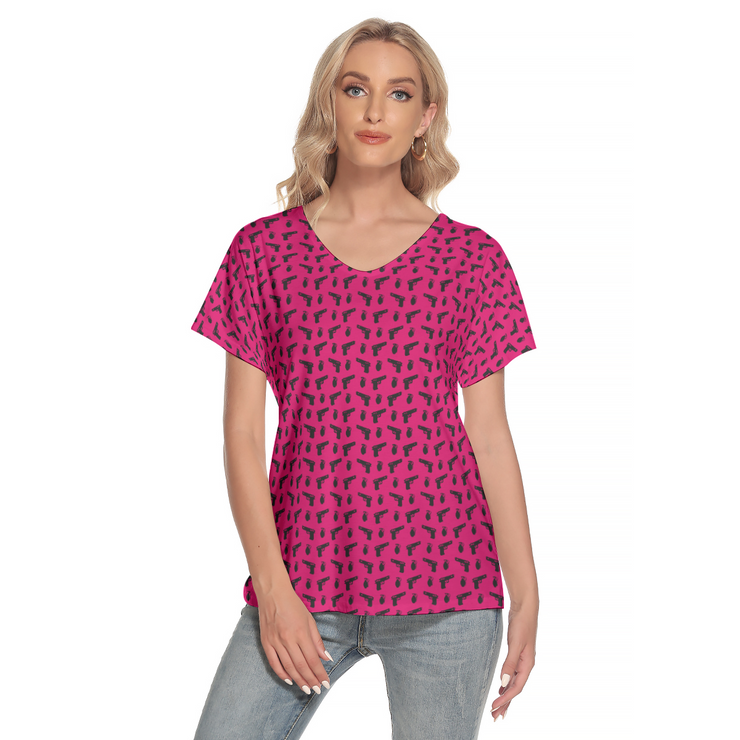 [[ Pistol Print ]] Black/Pink Women's Deep V-neck Short Sleeve Tee