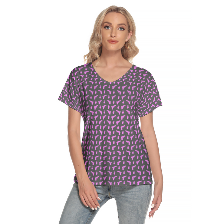[[ Pistol Print ]] Pink/Dark Grey Women's Deep V-neck Short Sleeve Tee