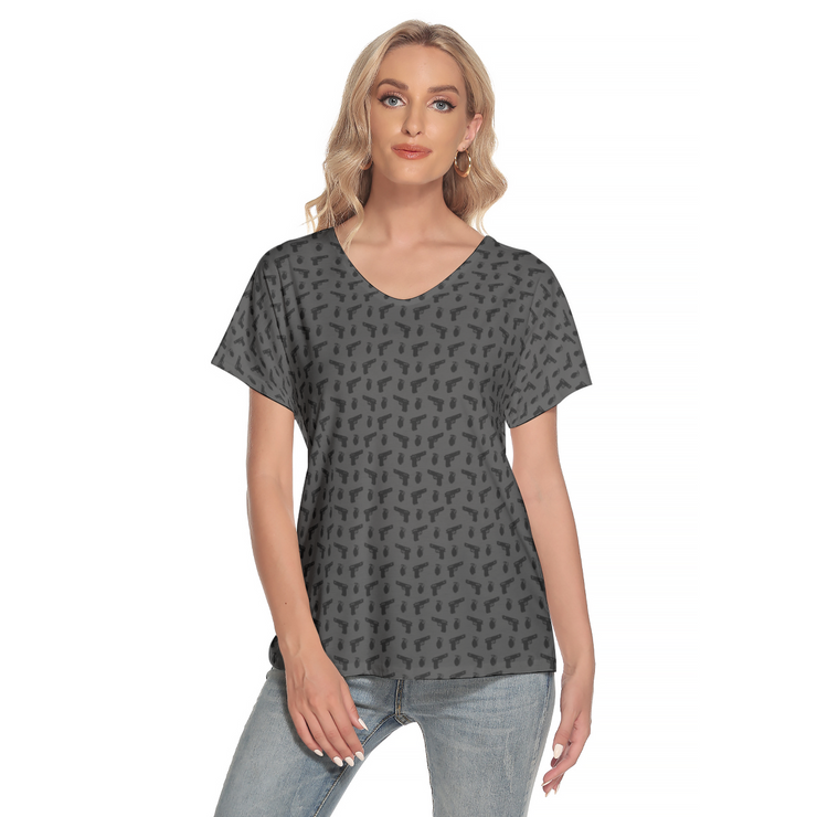 [[ Pistol Print ]] Black/Dark Grey Women's Deep V-neck Short Sleeve Tee