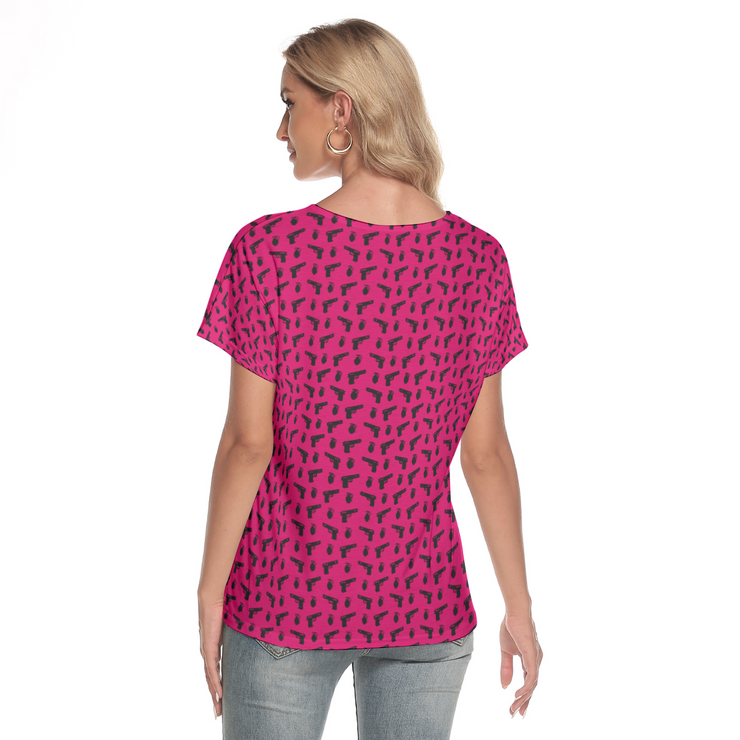 [[ Pistol Print ]] Black/Pink Women's Deep V-neck Short Sleeve Tee