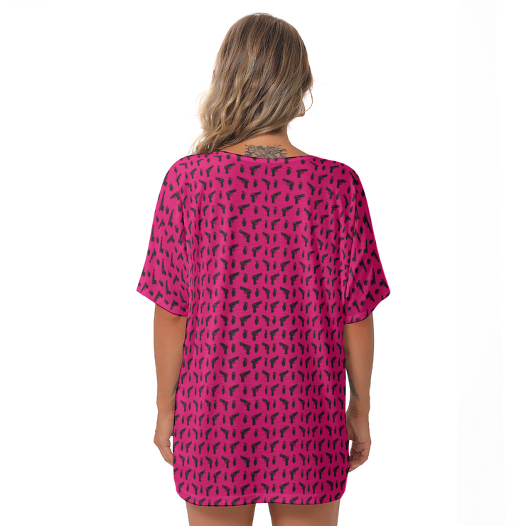 [[ Pistol Print ]] Black/Pink Women's Bat Sleeves V-Neck Blouse