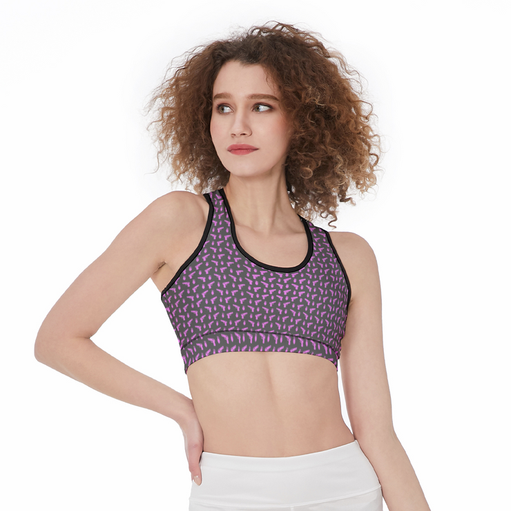 [[ Pistol Print ]] Pink/Dark Grey Sports Bra