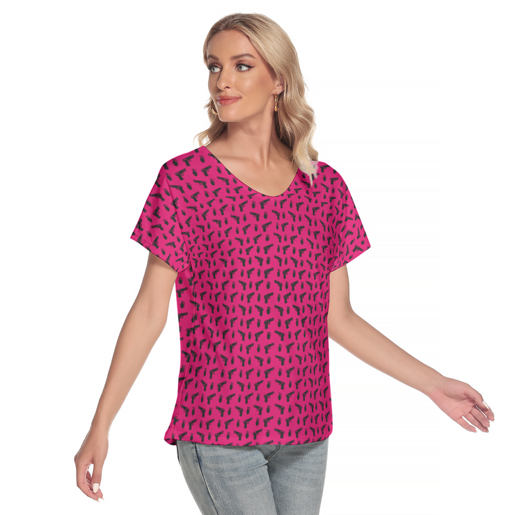 [[ Pistol Print ]] Black/Pink Women's Deep V-neck Short Sleeve Tee