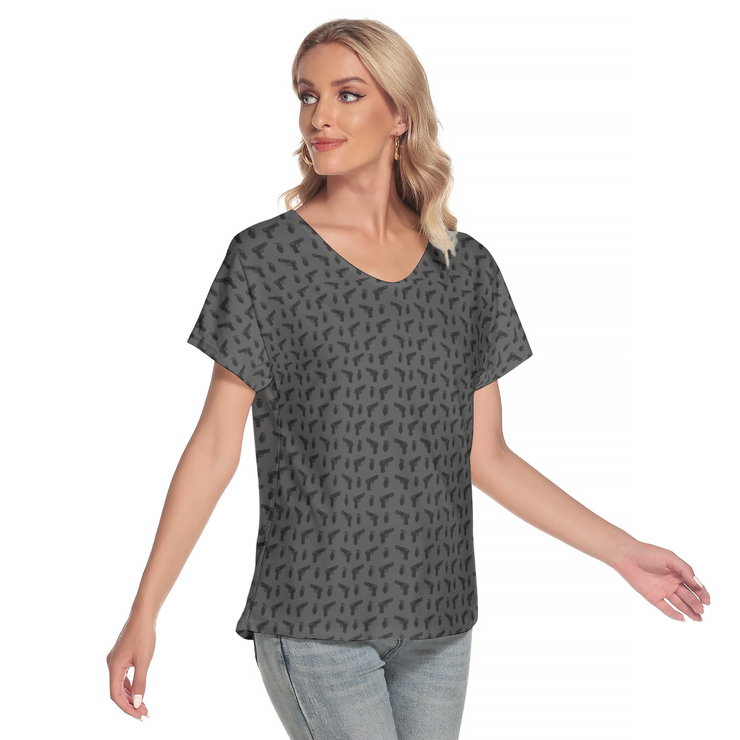[[ Pistol Print ]] Black/Dark Grey Women's Deep V-neck Short Sleeve Tee