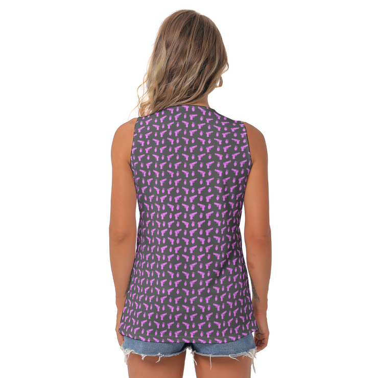[[ Pistol Print ]] Pink/Dark Grey Women's Sleeveless V-Neck