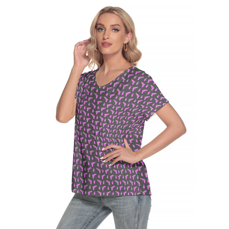 [[ Pistol Print ]] Pink/Dark Grey Women's Deep V-neck Short Sleeve Tee
