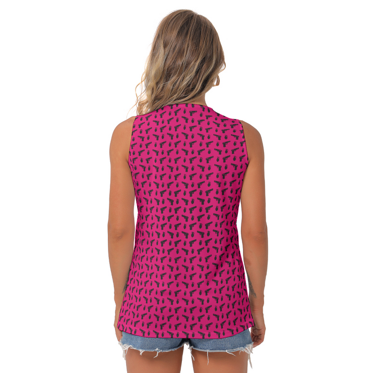 [[ Pistol Print ]] Black/Pink Women's Sleeveless V-Neck