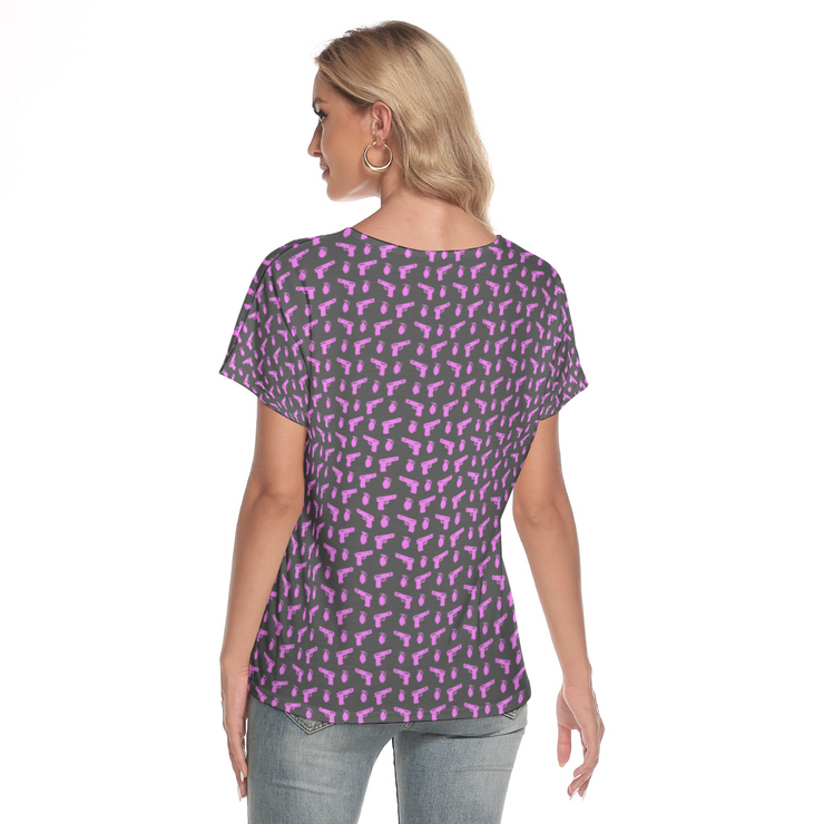[[ Pistol Print ]] Pink/Dark Grey Women's Deep V-neck Short Sleeve Tee