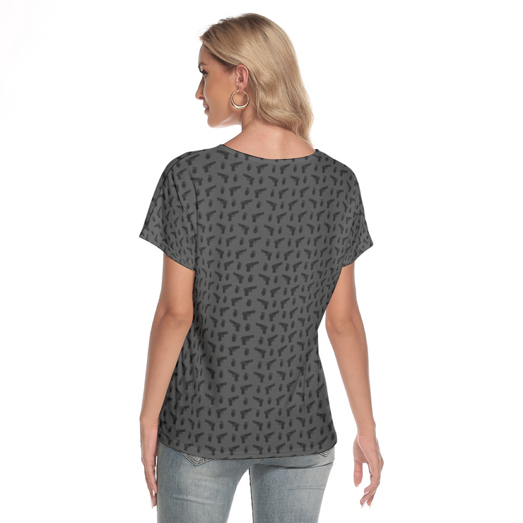 [[ Pistol Print ]] Black/Dark Grey Women's Deep V-neck Short Sleeve Tee