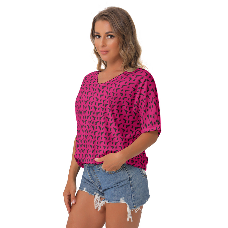 [[ Pistol Print ]] Black/Pink Women's Bat Sleeves V-Neck Blouse