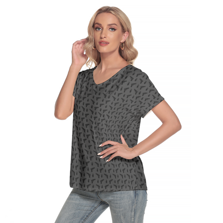 [[ Pistol Print ]] Black/Dark Grey Women's Deep V-neck Short Sleeve Tee