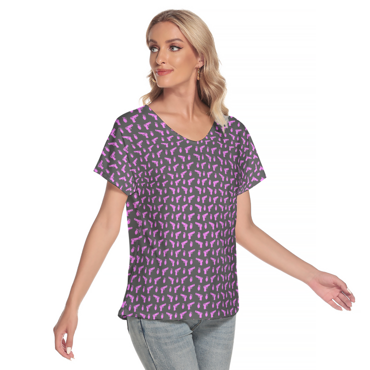 [[ Pistol Print ]] Pink/Dark Grey Women's Deep V-neck Short Sleeve Tee